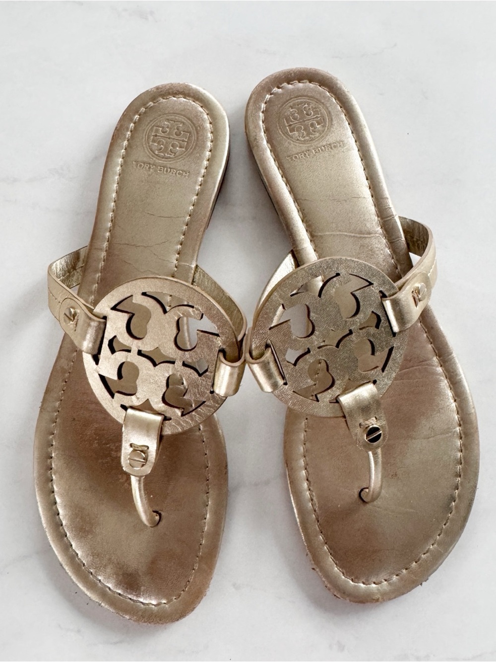 Tory Burch Metallic Rose Gold Cutout Logo Thong Sandals